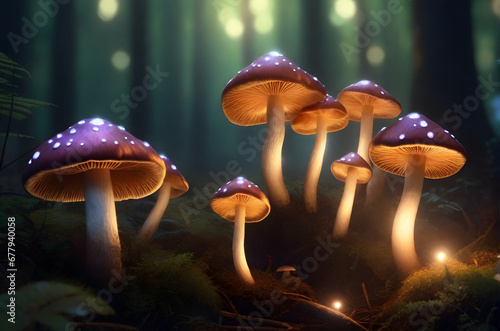 glowing mushrooms in forest ai generated background