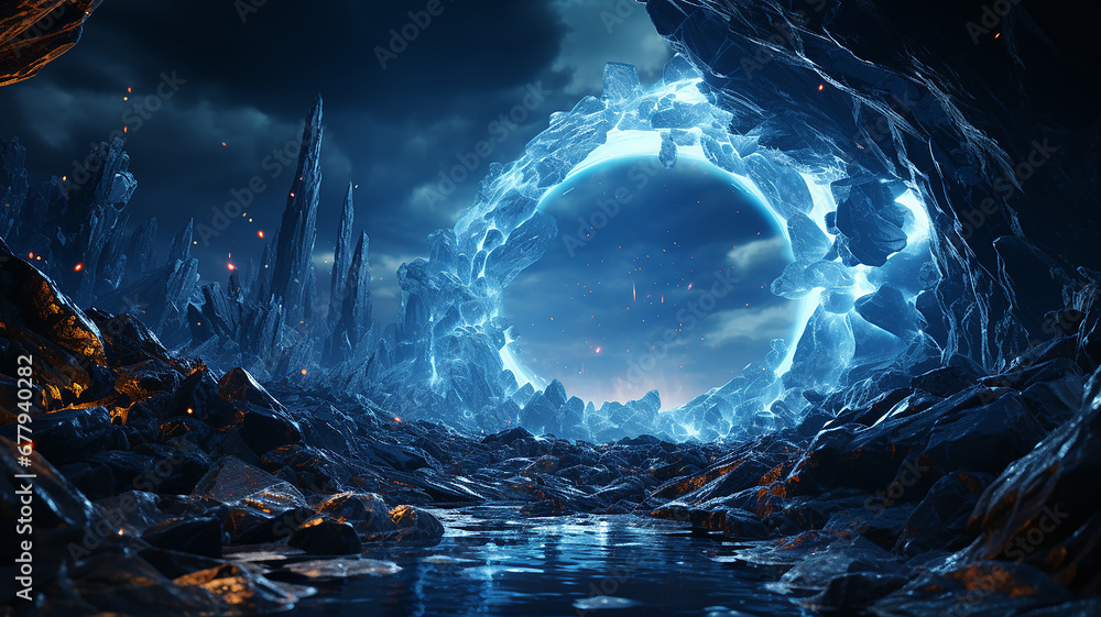 Obraz premium background ice tunnel, cave, abstract cold blue passage, hole in the winter world fantasy graphics