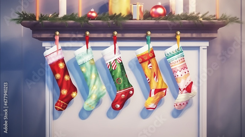Christmas. A postcard with a decoration of socks hanging for gifts on the background of the fireplace. Christmas Eve. photo