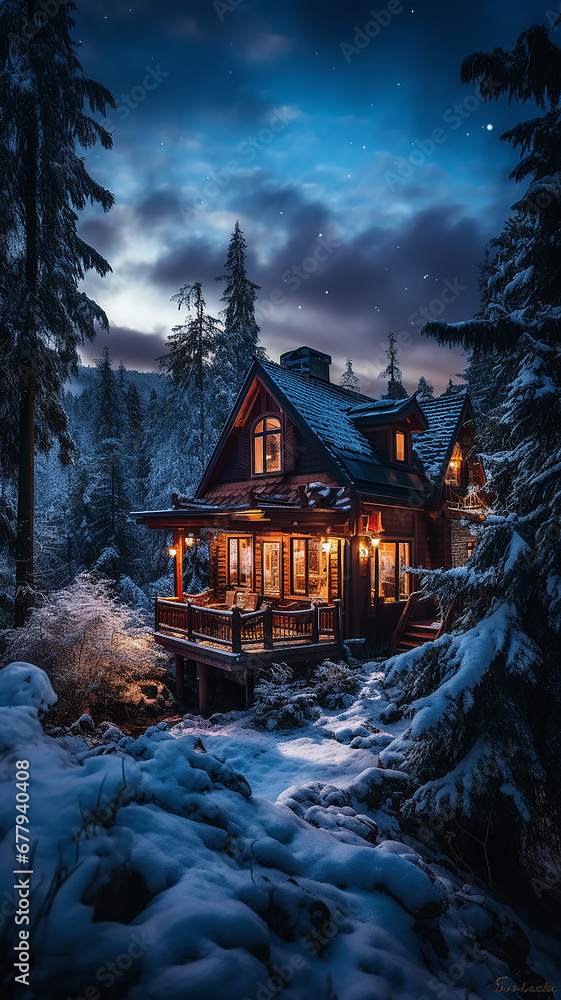 night winter landscape of nature, a lonely hut among the snowfall in the forest mountains, the shelter of a forester in the north,  dark blue evening vertical panorama