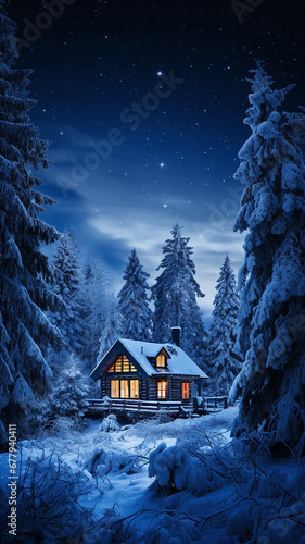 night winter landscape of nature, a lonely hut among the snowfall in the forest mountains, the shelter of a forester in the north,  dark blue evening vertical panorama © kichigin19