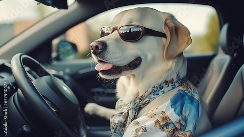 a dog in clothes is driving a car humor joke © kichigin19