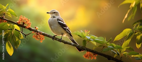 In the Northern wilderness amidst the lush greenery and vibrant flowers a majestic mockingbird perched on a branch its feathers glistening in the sunlight filling the tranquil surroundings 