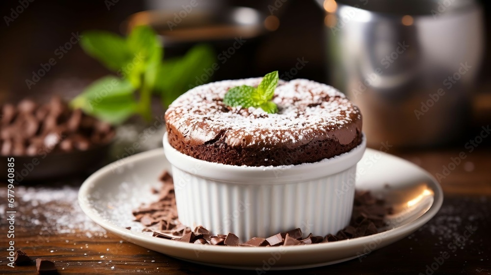 A chocolate soufflé rising in a ramekin, heavenly
A chocolate soufflé rising in a ramekin, heavenly