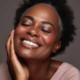 Radiant Black woman smiling with closed eyes, embodying joy and self-care, perfect for beauty and wellness themes.