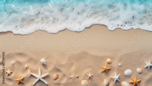Sea sand beach with seashells starfish suncare mockup templat. photo