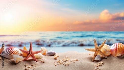 Sea sand beach with seashells starfish suncare mockup templat. photo