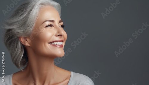 Elegant mature woman with silver hair smiling, ideal for anti-aging beauty products. photo
