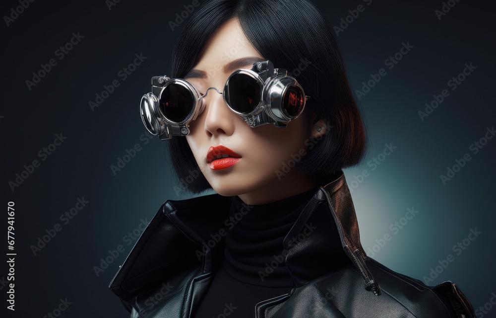 Young Asian woman with sleek hair in modern oversized sunglasses. Perfect for contemporary fashion editorials and eyewear advertising.