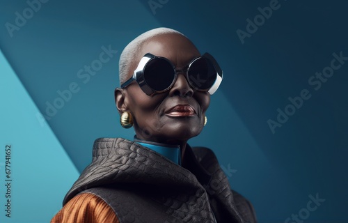 Elegant Black senior woman in leather jacket and sunglasses, exuding confidence and style.