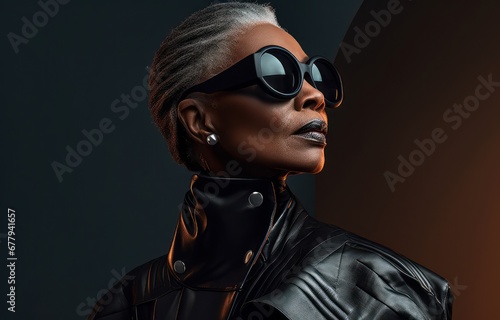 Elegant Black senior woman in leather jacket and sunglasses, exuding confidence and style.