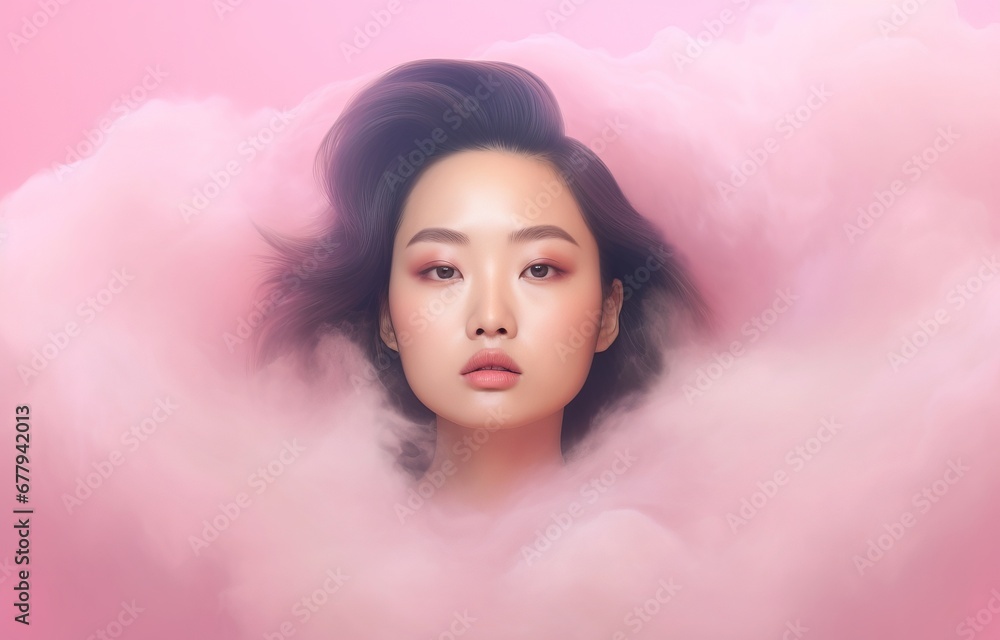 Young Asian woman enveloped in soft pink clouds. Ideal for beauty and relaxation-themed visual content for spas and wellness brands.