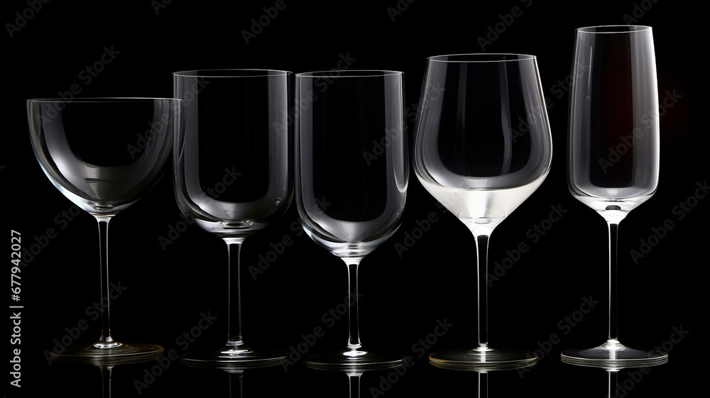 set, a collection of different transparent glass glasses isolated on a black background set, a collection of different transparent glass glasses isolated on a black background