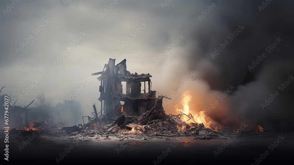 a house damaged by fire, the consequences of destruction, the remains of a house standing alone, a village cottage destroyed by fire, the remains of ash and smoke depressive concept of misfortune