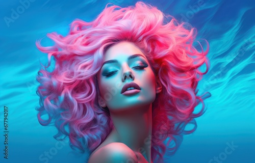 Woman with pink wavy hair on a turquoise backdrop. Ideal for beauty and haircare products, fashion, and artistic expression.