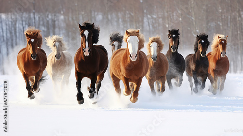 herd of horses is rapidly running in winter in active poses on fluffy snow  motion in nature
