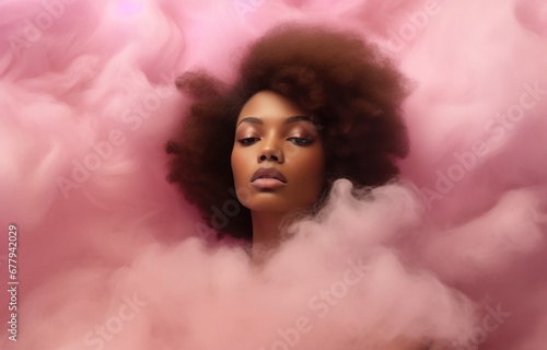 Serene Black woman with afro amidst pink clouds. Perfect for wellness and beauty campaigns focused on serenity and natural hair.