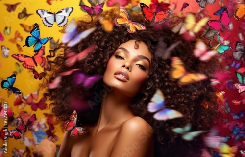 A Black woman with a vibrant butterfly aura, perfect for beauty, diversity, and transformation themes.