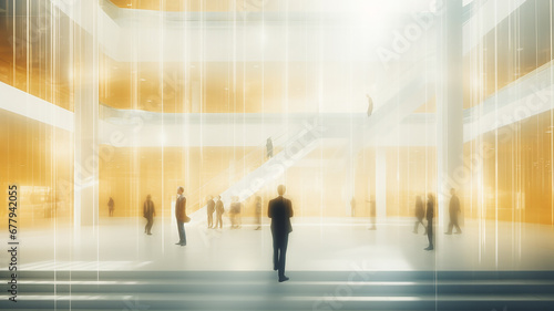 airport lobby golden glow, light white abstract background, silhouettes of people in blurry motion, abstract transport hub with stairs and light transitions