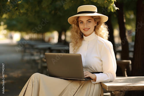 elegant smiling young woman working on laptop outdoors