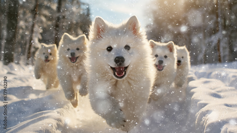 a group of cheerful dogs runs in dynamic poses through the winter fluffy snow on a frosty sunny day, fluffy pets, snowfall, Christmas snowflakes are falling a group of cheerful dogs runs in dynamic poses through the winter fluffy snow on a frosty sunny day, fluffy pets, snowfall, Christmas snowflakes are falling