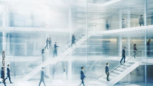 airport lobby, light white abstract background, silhouettes of people in blurry motion, abstract transport hub with stairs and light transitions photo