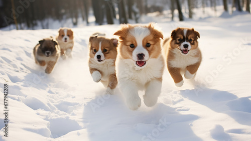 a group of cheerful dogs runs in dynamic poses through the winter fluffy snow on a frosty sunny day, fluffy pets, Christmas snowflakes