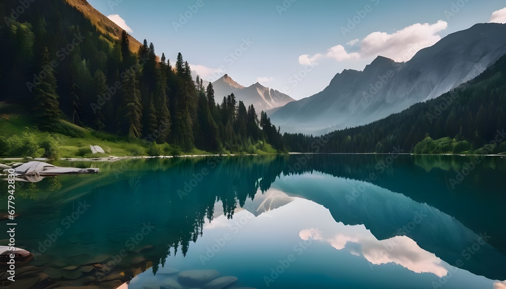 A serene mountain view with a reflective lake, surrounded by beautiful mountains and trees, depicts the serene beauty of nature.