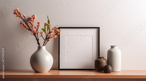 Mock up poster frame  vase with spring flowers in the interior. 3d rendering