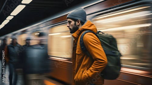 A captivating composition: A long-distance shot capturing the blurred motion of a man walking against a subway train, with muted color tones contributing to the subdued and elegant urban atmosphere.