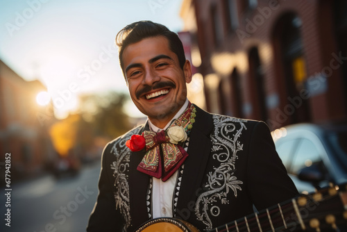 Mariachi smiling right to the camera, Mexican culture, Young Mexican mariachi playing guitar. photo