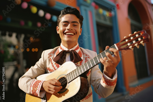 Mariachi smiling right to the camera, Mexican culture, Young Mexican mariachi playing guitar.
