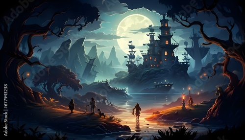 halloween landscape with moon