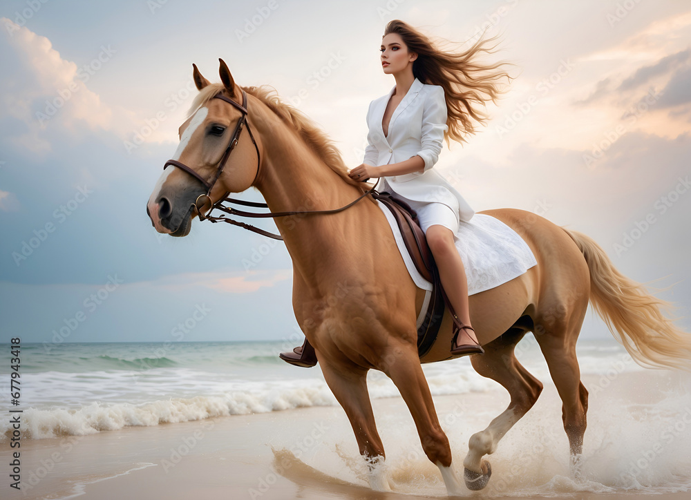A young fashion model rides a horse along the seashore on a beach, an ideal visual for fashion editorials or lifestyle campaigns. A young fashion model rides a horse along the seashore on a beach, an ideal visual for fashion editorials or lifestyle campaigns.
