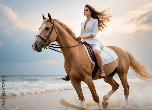 A young fashion model rides a horse along the seashore on a beach, an ideal visual for fashion editorials or lifestyle campaigns.