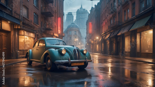 A nostalgic scene. an abstract vintage car on the wet streets of an old European city during the late evening. Perfect for elegance and the timeless beauty of historic urban settings. © ipolstock