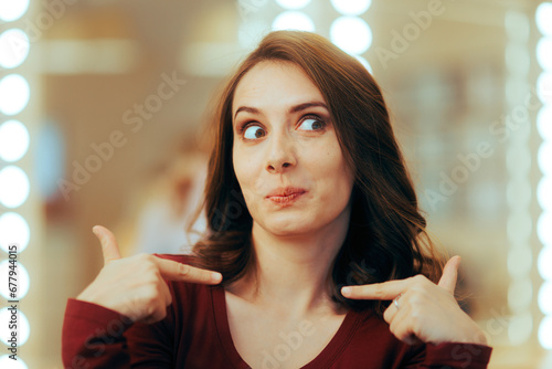 
Funny Selfish and Presumptuous Woman Pointing to herself 
Ironic woman feeling self-confident and entitled 
