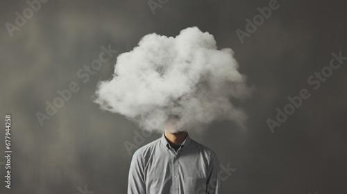 Man with a cloud obscuring his head and face, symbolizing the notion of 'head in the clouds,' illustrating a concept of introspection, detachment, or a dreamy state of mind often associated with depre