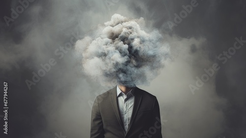 Man with a cloud obscuring his head and face  symbolizing the notion of  head in the clouds   illustrating a concept of introspection  detachment  or a dreamy state of mind often associated with depre