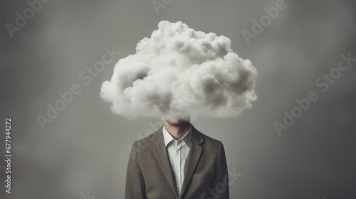 Man with a cloud obscuring his head and face, symbolizing the notion of 'head in the clouds,' illustrating a concept of introspection, detachment, or a dreamy state of mind often associated with depre