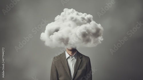 Man with a cloud obscuring his head and face, symbolizing the notion of 'head in the clouds,' illustrating a concept of introspection, detachment, or a dreamy state of mind often associated with depre photo