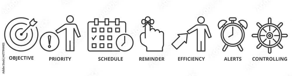 Fototapeta premium Time management banner web icon vector illustration concept with icon of objective, priority, schedule, reminder, efficiency, alerts, and controlling