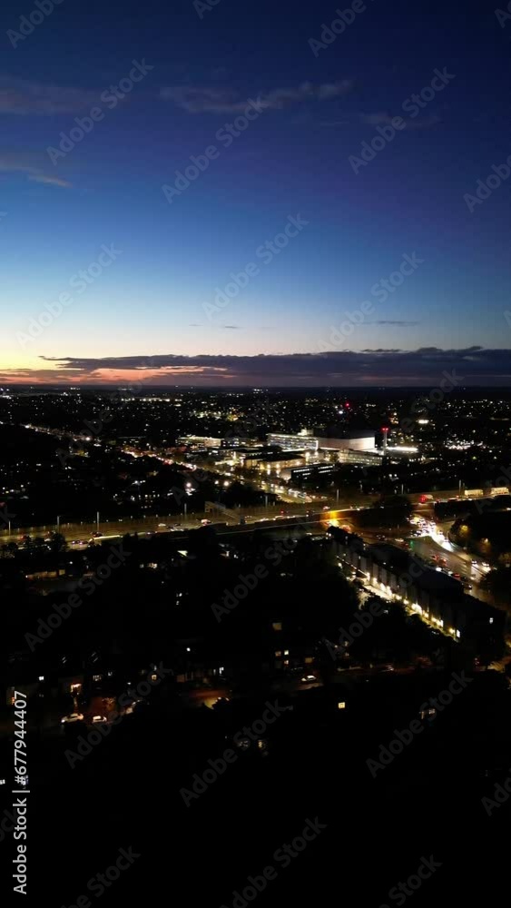 Vertical and Portrait Style 4k Aerial View of Illuminated Luton Town of England During Night Vertical and Portrait Style 4k Aerial View of Illuminated Luton Town of England During Night