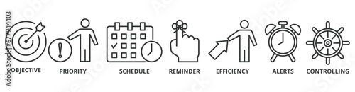 Time management banner web icon vector illustration concept with icon of objective, priority, schedule, reminder, efficiency, alerts, and controlling