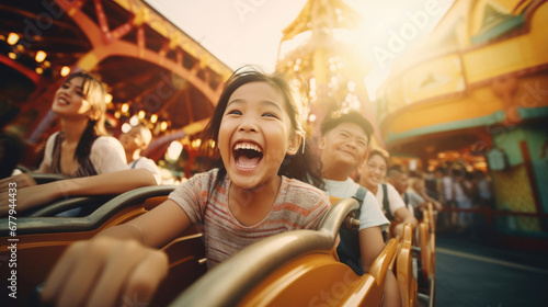 Children merrily riding a roller coaster at an amusement park