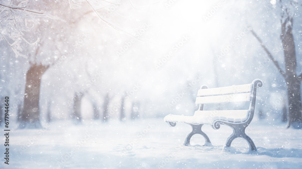 snowfall winter landscape, park bench, abstract background copy space, blurred light white snow falling, christmas postcard view snowfall winter landscape, park bench, abstract background copy space, blurred light white snow falling, christmas postcard view