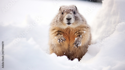groundhog runs through the winter snow, dynamic pose fluffy rodent falling snow February calendar photo