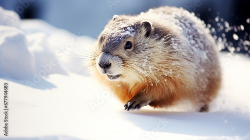 groundhog runs through the winter snow, dynamic pose fluffy rodent falling snow February calendar