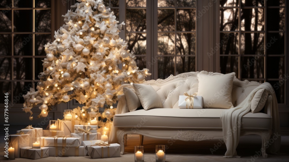 interior decorated for Christmas with Christmas tree, with lights, festive decoration interior decorated for Christmas with Christmas tree, with lights, festive decoration
