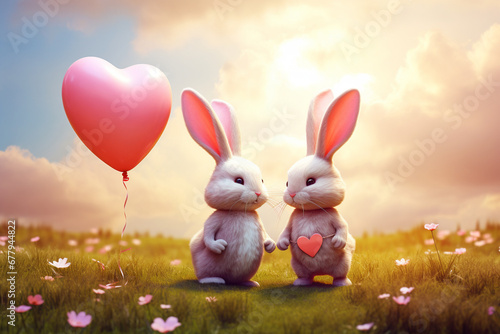 happy bunnies with balloons and hearts